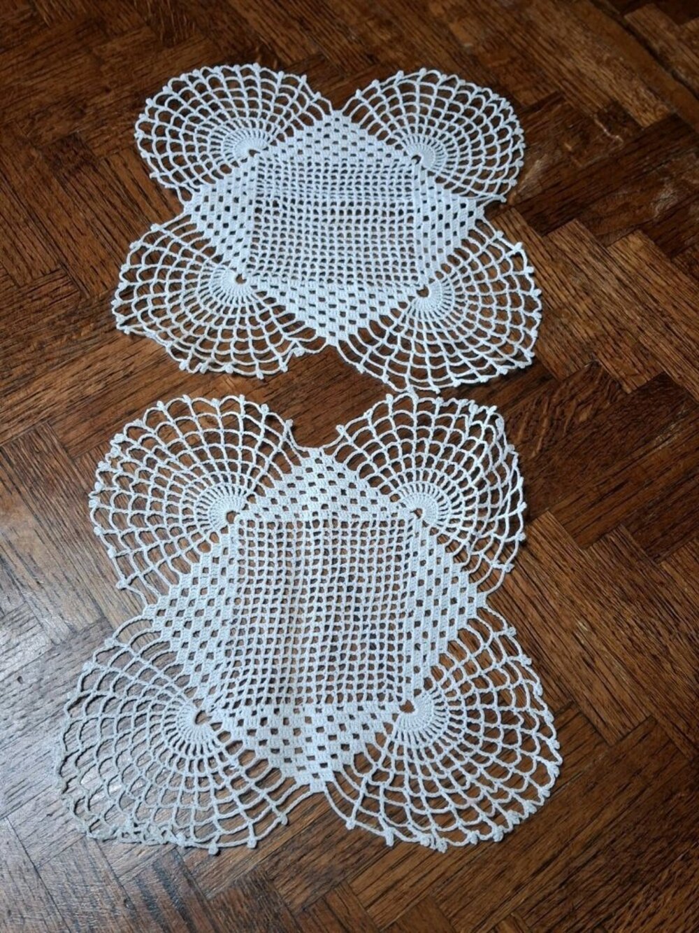 Matching Pair Vintage Handmade Crocheted Square-ish, Doily, Ivory, 8",
